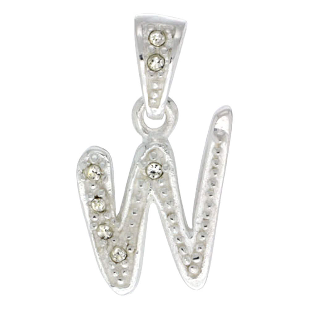 Sterling Silver Fancy Block Initial Letter W Pendant with Crystals, 3/4 inch