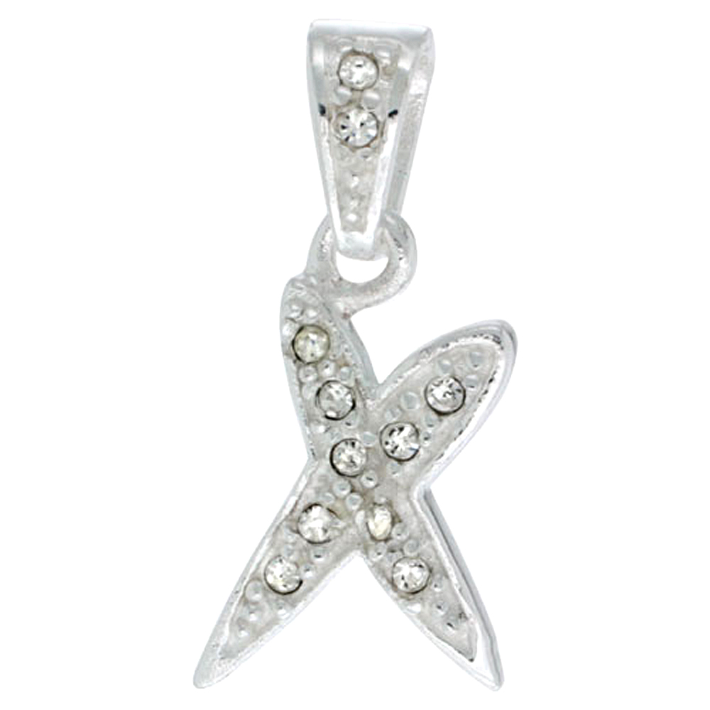 Sterling Silver Fancy Block Initial Letter X Pendant with Crystals, 3/4 inch