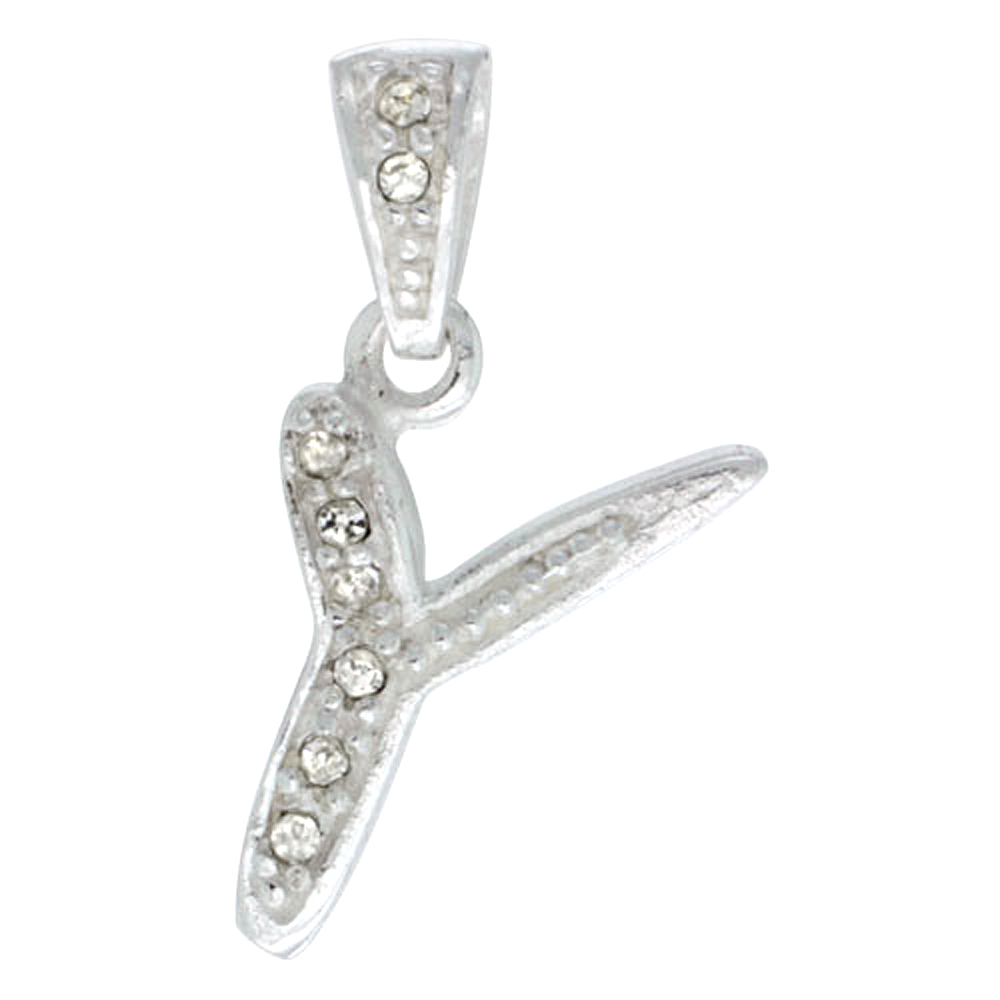 Sterling Silver Fancy Block Initial Letter Y Pendant with Crystals, 3/4 inch