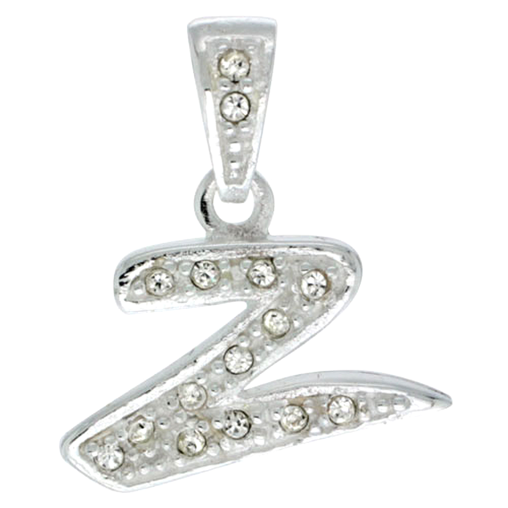 Sterling Silver Fancy Block Initial Letter Z Pendant with Crystals, 3/4 inch