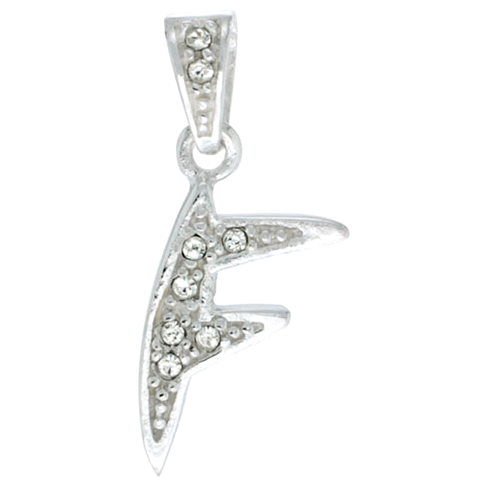 Sterling Silver Fancy Block Initial Letter F Pendant with Crystals, 3/4 inch