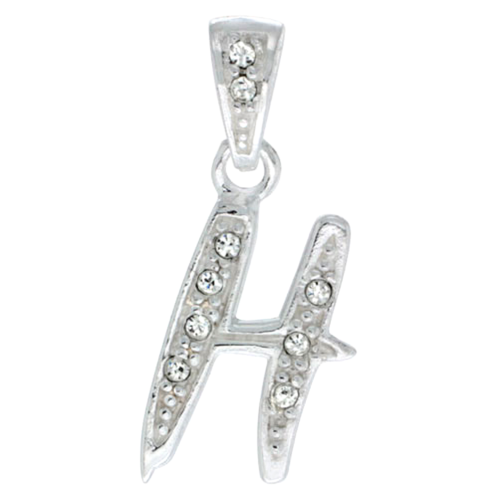 Sterling Silver Fancy Block Initial Letter H Pendant with Crystals, 3/4 inch