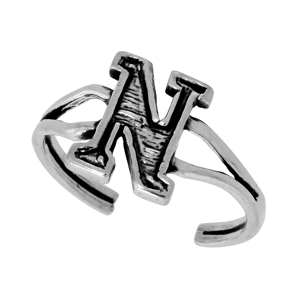 Sterling Silver Alphabet Letter N Initial Toe Ring Midi Ring Knuckle Ring for Women and Girls Adjustable Open Bottom 3/8 inch wide