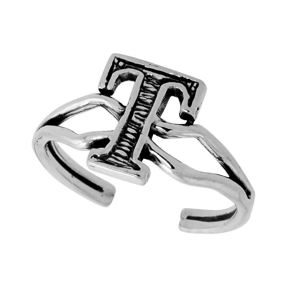 Sterling Silver Alphabet Letter T Initial Toe Ring Midi Ring Knuckle Ring for Women and Girls Adjustable Open Bottom 3/8 inch wide