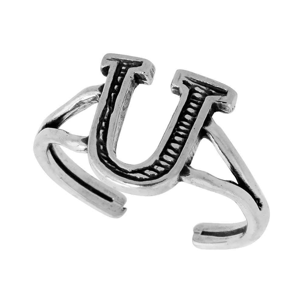 Sterling Silver Alphabet Letter U Initial Toe Ring Midi Ring Knuckle Ring for Women and Girls Adjustable Open Bottom 3/8 inch wide