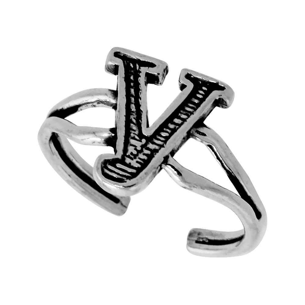 Sterling Silver Alphabet Letter Y Initial Toe Ring Midi Ring Knuckle Ring for Women and Girls Adjustable Open Bottom 3/8 inch wide