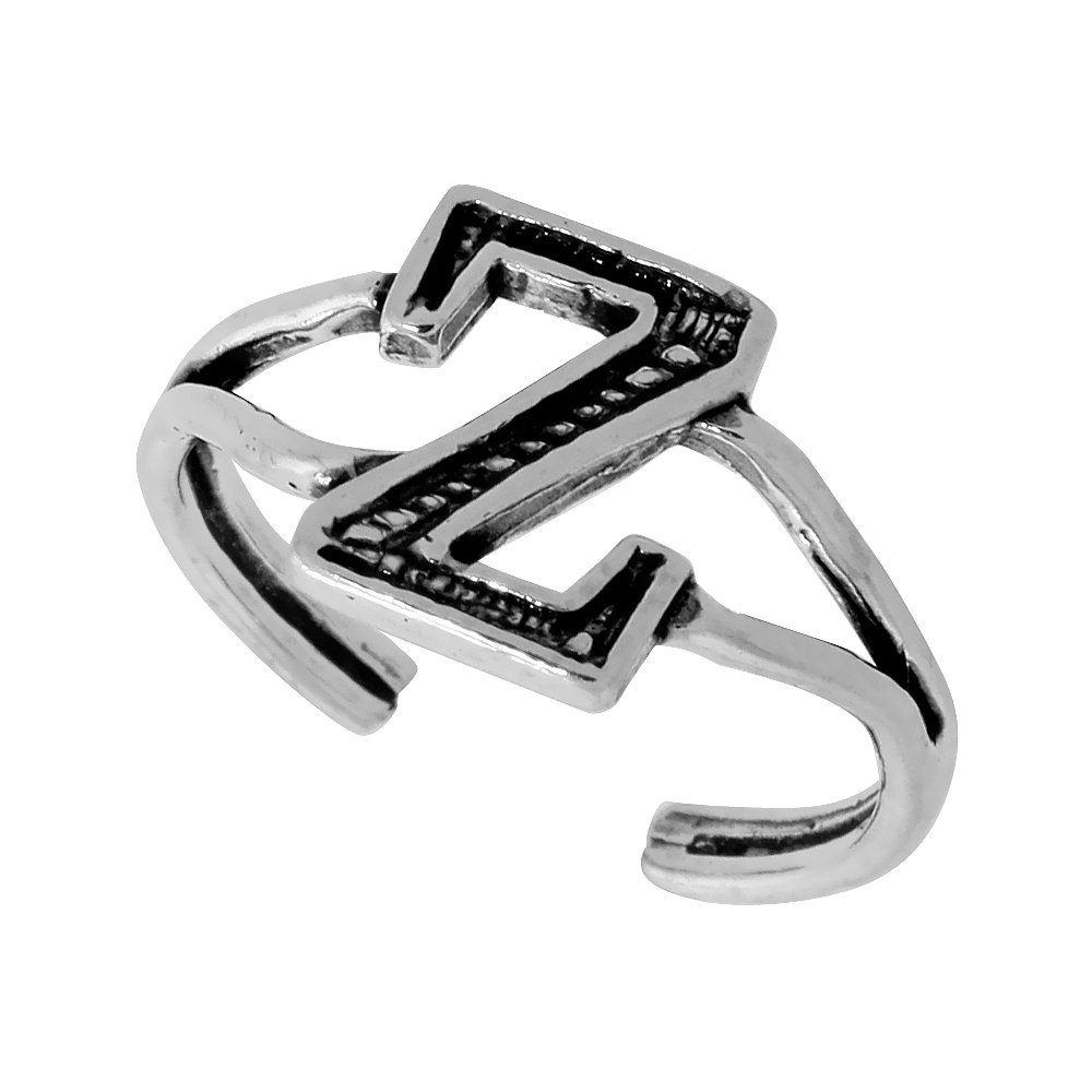 Sterling Silver Alphabet Letter Z Initial Toe Ring Midi Ring Knuckle Ring for Women and Girls Adjustable Open Bottom 3/8 inch wide