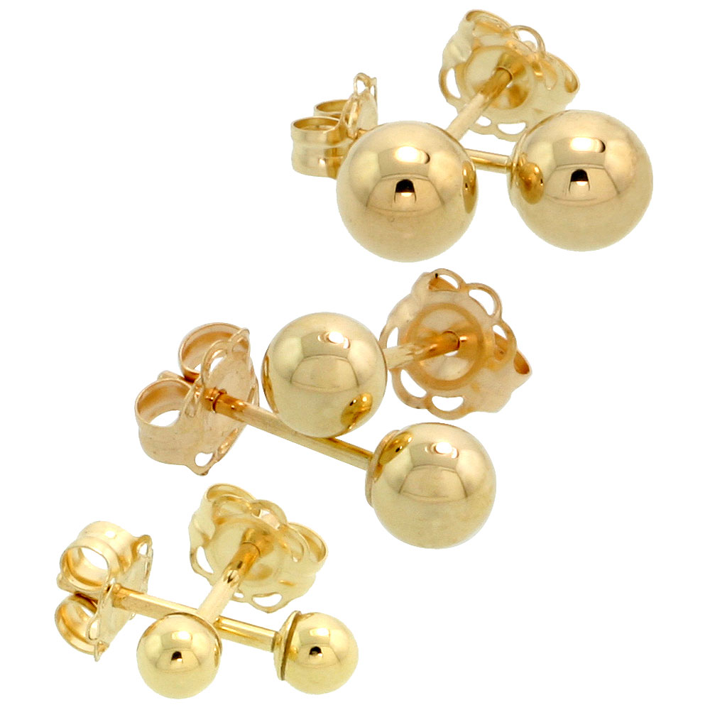 3-Pair 14k Gold Ball Earrings Set / Cartilage Nose Studs, 3mm 4mm 5mm