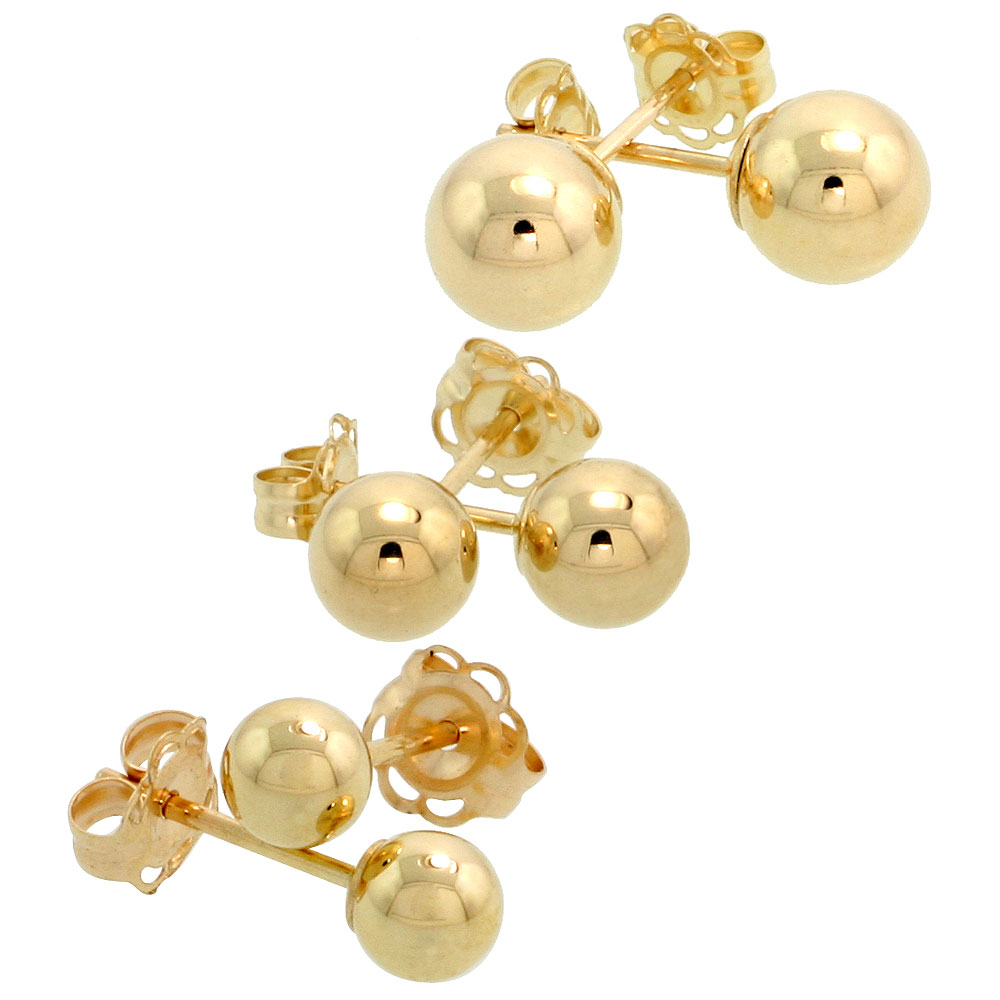 3-Pair 14k Gold Ball Earrings Set 4mm 5mm 6mm