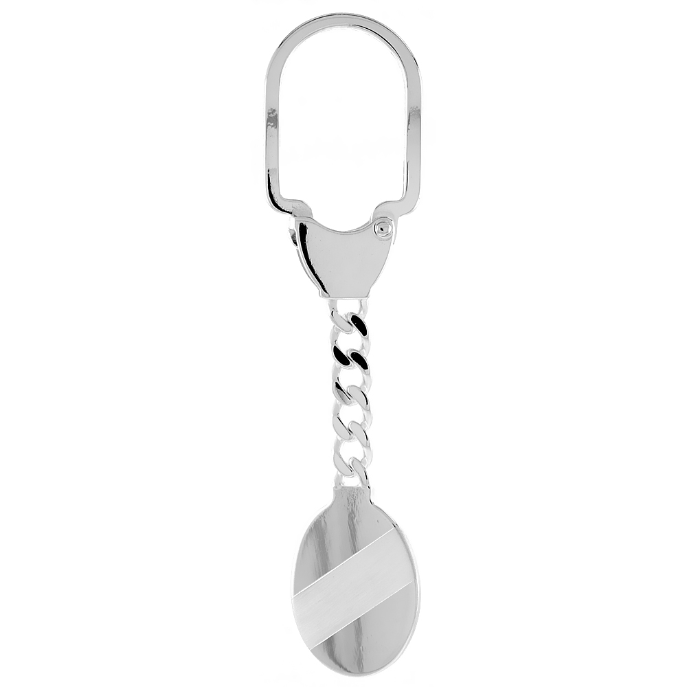 Sterling Silver Monogram Keychain Engraveable Oval Tag Key chain Diagonal Stripe Italy 3 1/2 inch