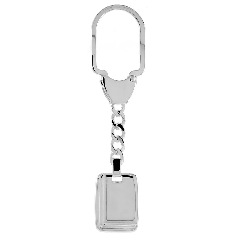 Sterling Silver Monogram Keychain Rectangular Tag Key chain Grooved Edges Italy 3 1/2 inches long