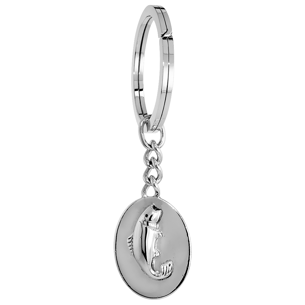 Sterling Silver Keychain with Fish Oval Tag, 3 inches long