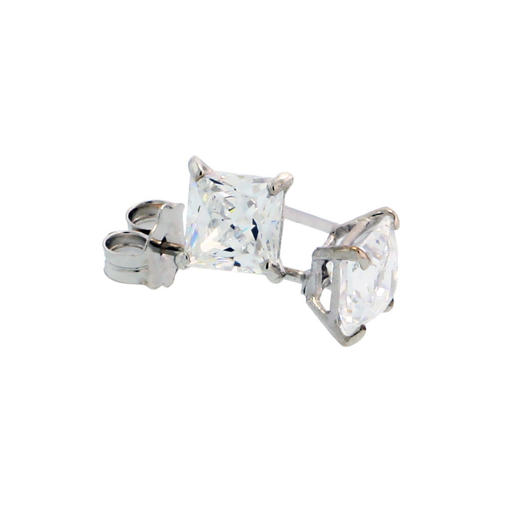 14K White Gold Square Cubic Zirconia Earrings Studs 4 mm Princess cut Basket Setting 3/4 carats/pr