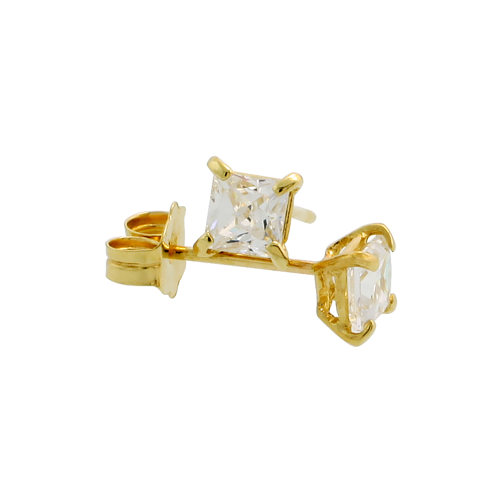 14K Yellow Gold Square Cubic Zirconia Earrings Studs 3 mm Princess cut Basket Setting 1/3 carats/pr