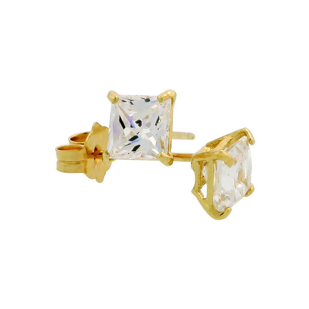 14K Yellow Gold Square Cubic Zirconia Earrings Studs 4 mm Princess cut Basket Setting 3/4 carats/pr