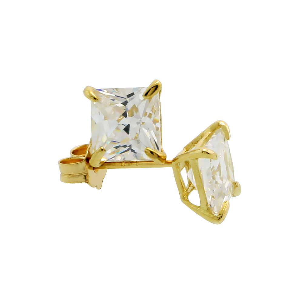 14K Yellow Gold Square Cubic Zirconia Earrings Studs 5 mm Princess cut Basket Setting 1.5 carats/pr