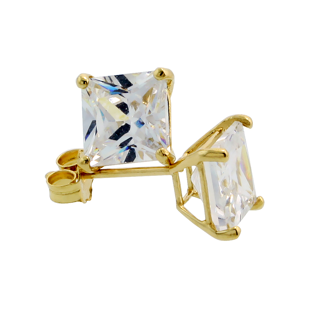 14K Yellow Gold Square Cubic Zirconia Earrings Studs 6 mm Princess cut Basket Setting 2 carats/pr