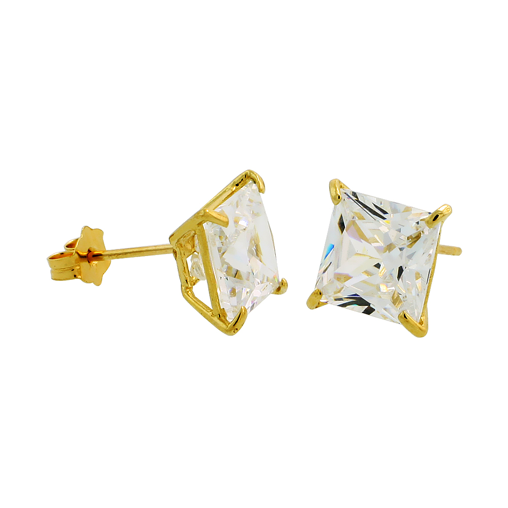 14K Yellow Gold Square Cubic Zirconia Earrings Studs 7 mm Princess cut Basket Setting 2.5 carats/pr