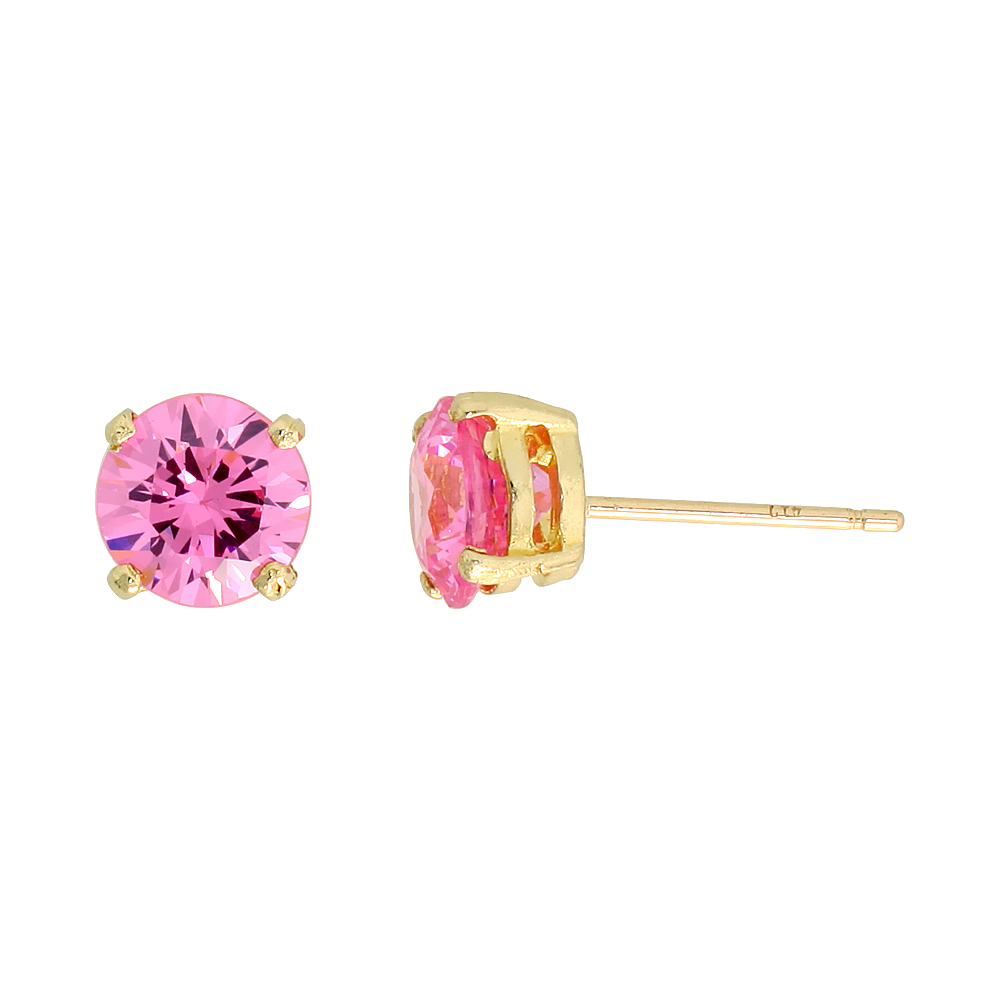10K Gold Pink Cubic Zirconia Earrings Studs 7 mm 4 Prong Round Brilliant Cut 2.5 Carat/pr