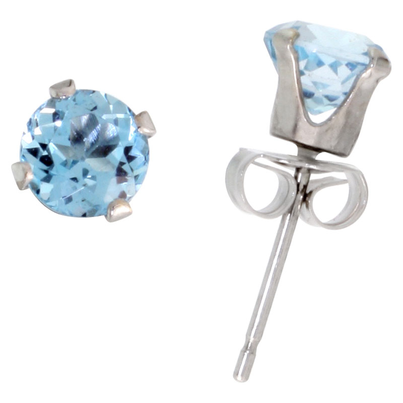 14k White Gold 5mm Brilliant Cut Blue Topaz Stud Earrings