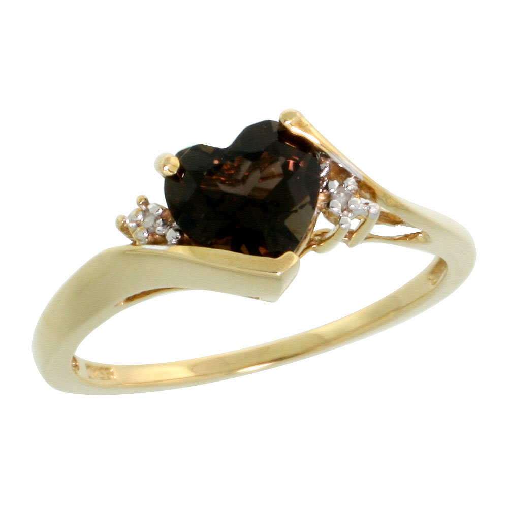 10k Gold Heart Stone Ring w/ 1.50 Total Carat Heart-shaped 7mm Smoky Topaz Stone & Brilliant Cut Diamonds