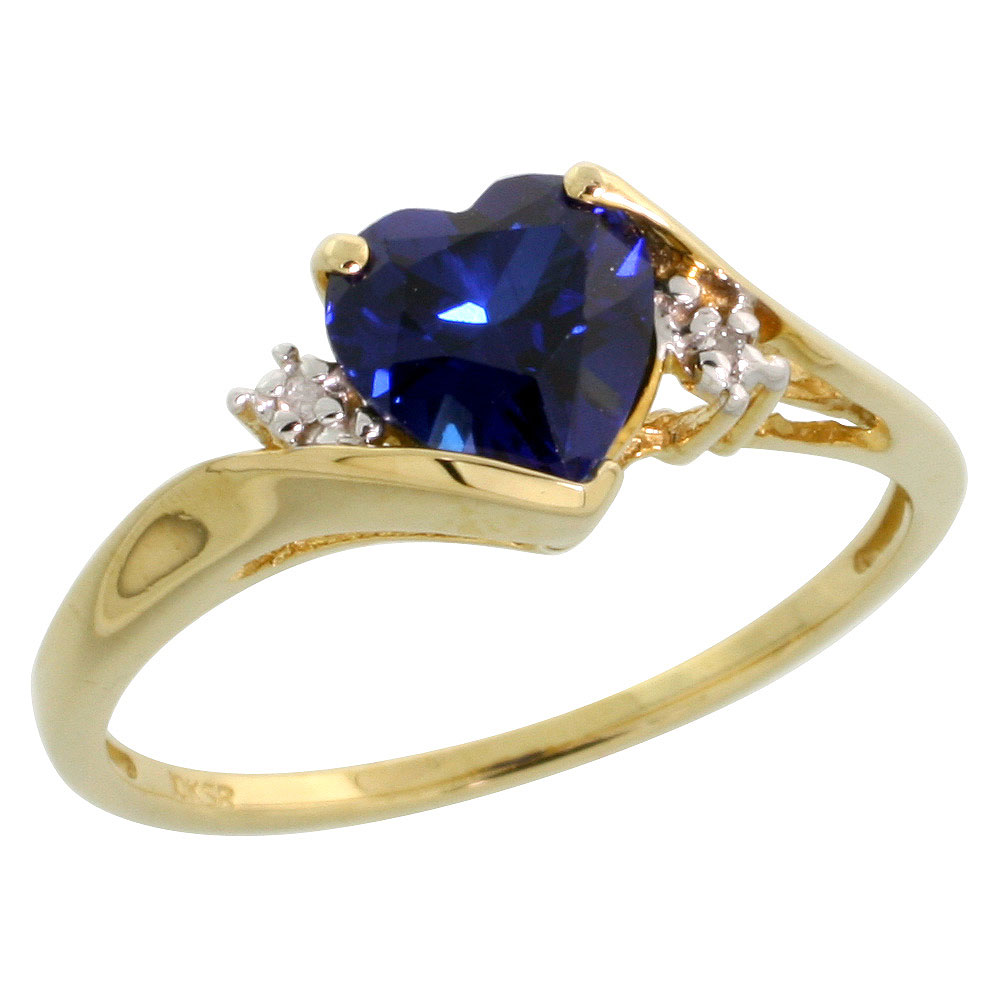 10k Gold Heart Stone Ring w/ 1.50 Total Carat Heart-shaped 7mm Created Blue Sapphire Stone &amp; Brilliant Cut Diamonds