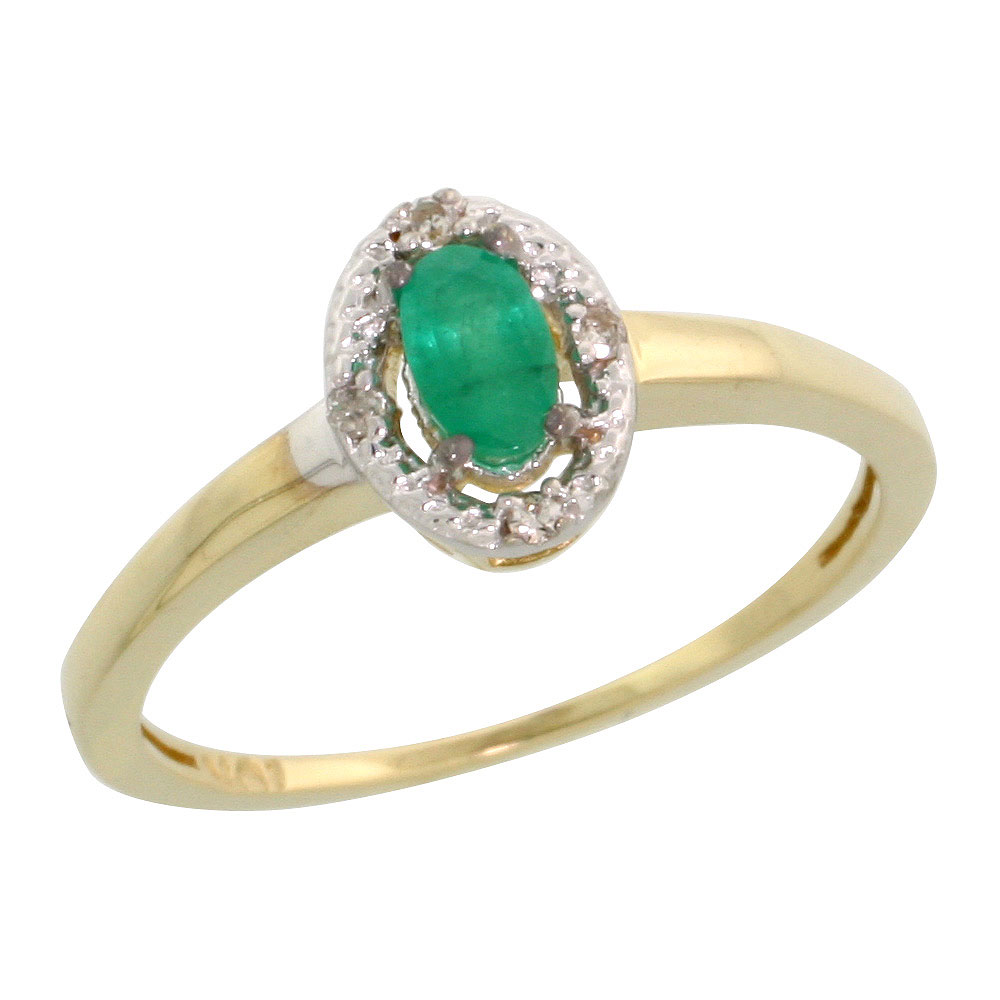 10k Gold Oval Stone Ring w/ 0.04 Carat Brilliant Cut Diamonds &amp; 0.30 Carat Oval Cut (5x3mm) Emerald Stone,