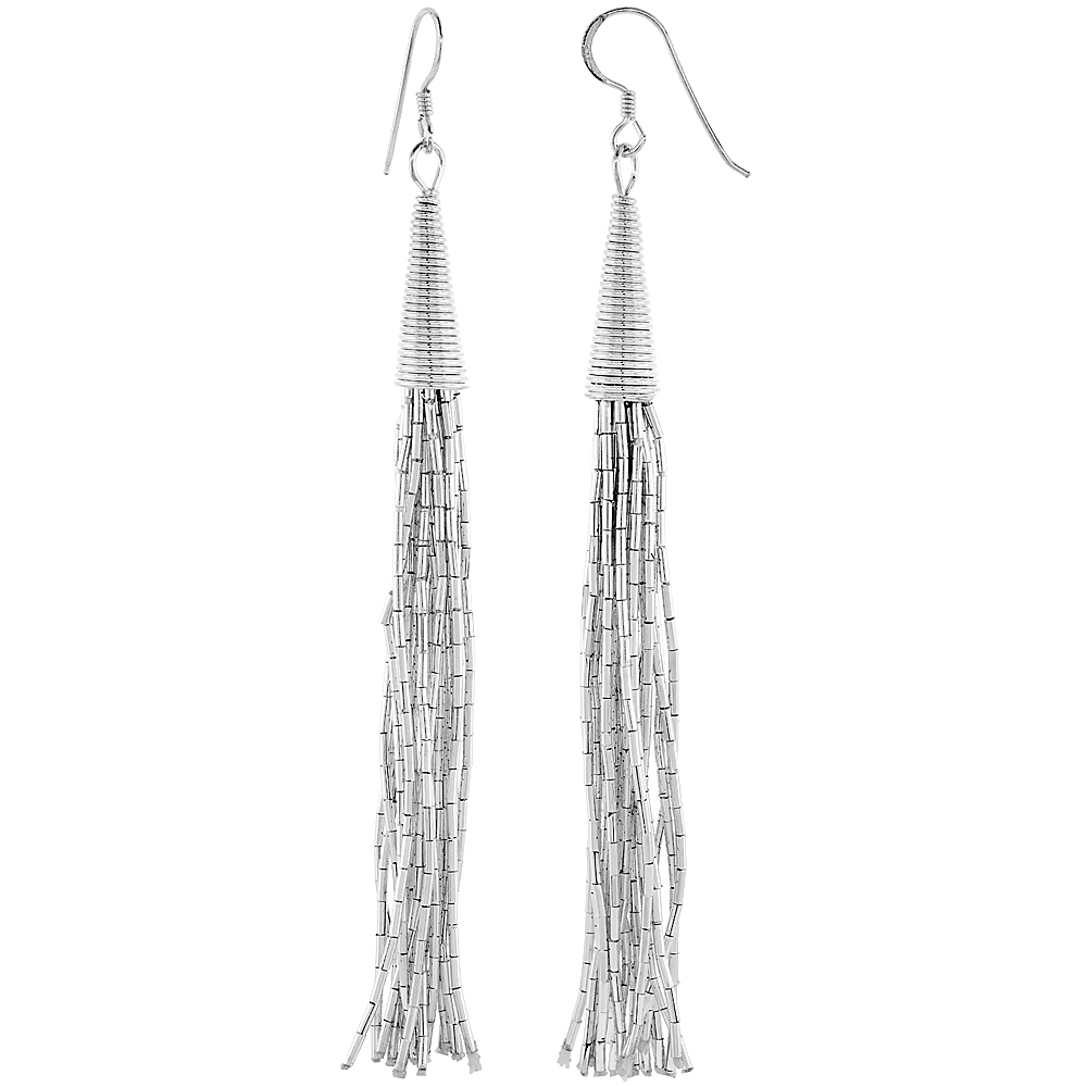 Sterling Silver Liquid Silver Earrings, 20 strands 3 1/2 in. (88 mm) long, wire wrapped cone caps