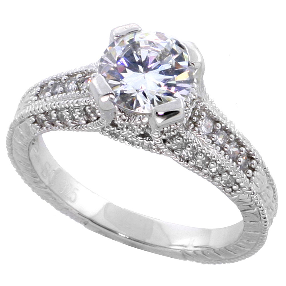 Sterling Silver Vintage Style Cubic Zirconia Engagement Ring 1.25 ct Round Center, sizes 6-9