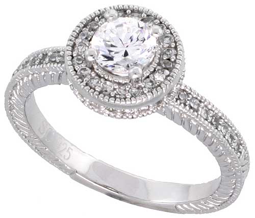 Sterling Silver Vintage Style Cubic Zirconia Engagement Ring 1/2 ct Round Center, sizes 6-9