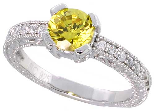 Sterling Silver Vintage Style Citrine Cubic Zirconia Engagement Ring Round 1 ct Center, sizes 6-9