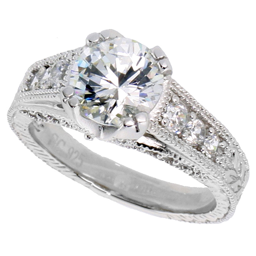 Sterling Silver Vintage Style Cubic Zirconia Engagement Ring Round 2 ct Center 3/8 inch wide, sizes 6-9