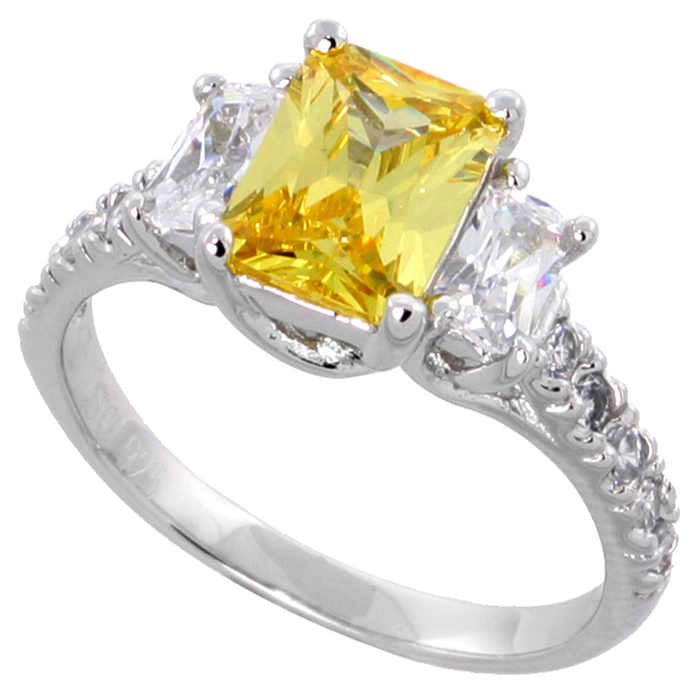 Sterling Silver Citrine Cubic Zirconia Engagement Ring Emerald Cut 1/12 ct center ï¿½ ct Sides, sizes 6-9