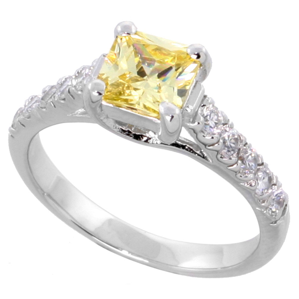Sterling Silver Citrine Cubic Zirconia Engagement Ring 1.25 ct Princess Cut cntr, sizes 6-9