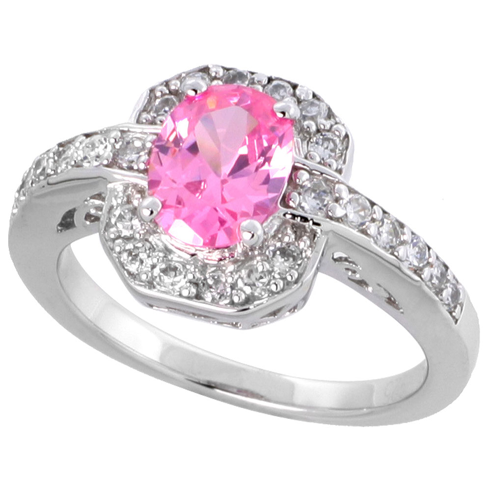 Sterling Silver Vintage Style Pink Cubic Zirconia Halo Engagement Ring Oval Cut 1 � ct center, sizes 6-9