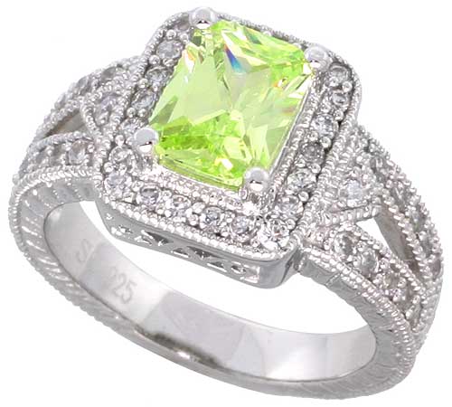 Sterling Silver Peridot Cubic Zirconia Halo Engagement Ring Emerald Cut 1 � ct cntr, sizes 6-9