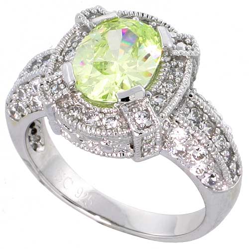 Sterling Silver Vintage Style Peridot Cubic Zirconia Halo Engagement Ring Oval 2 ct Center , sizes 6-9