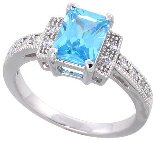 Sterling Silver Blue Topaz Cubic Zirconia Engagement Ring Emerald Cut 1 � ct cntr, sizes 6-9