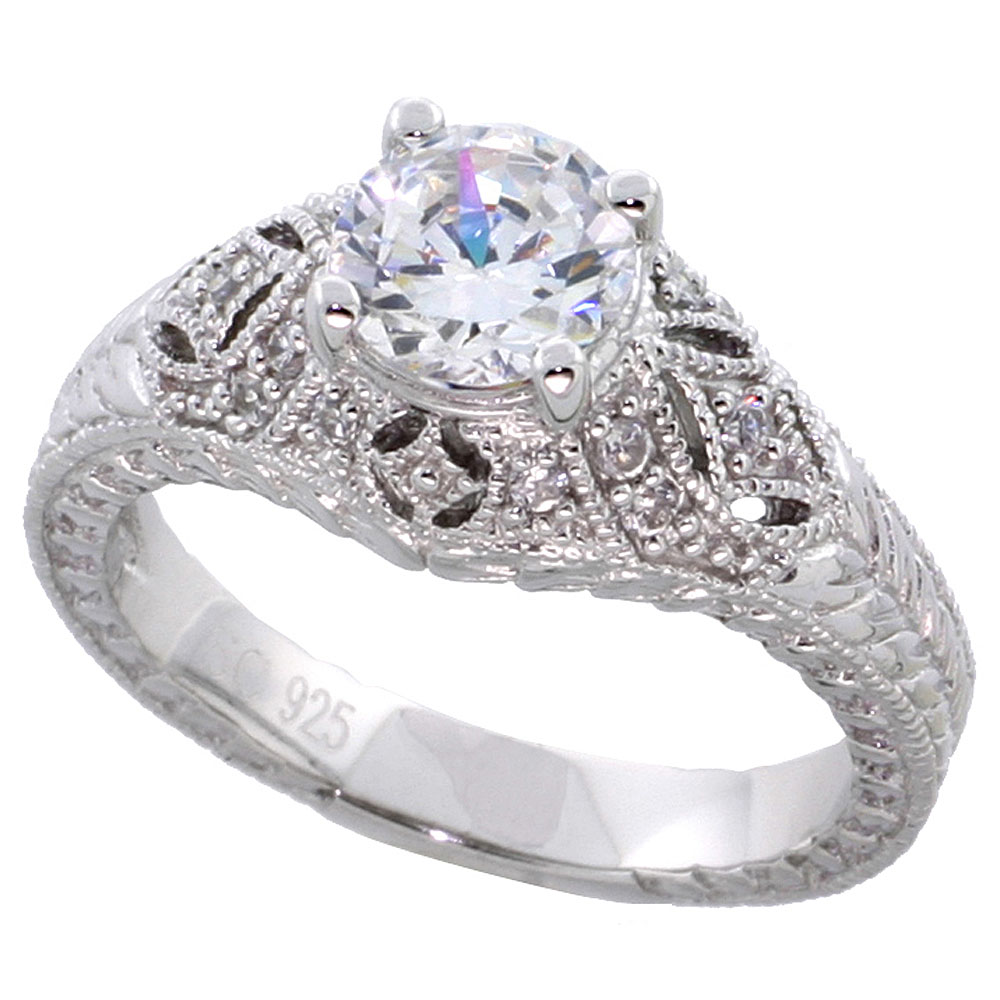 Sterling Silver Vintage Style Cubic Zirconia Engagement Ring Round 1 ct Center Domed, sizes 6-9