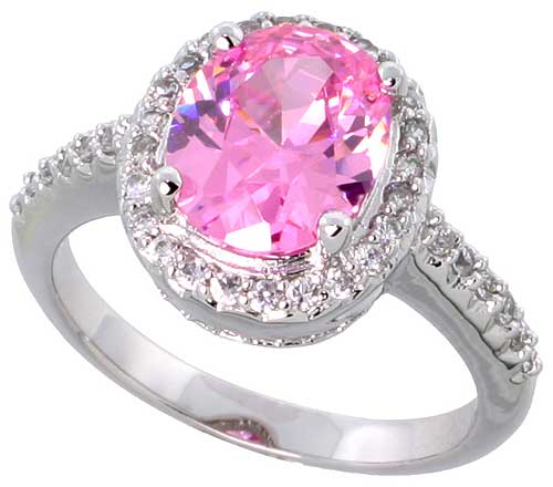 Sterling Silver Vintage Style Pink Cubic Zirconia Halo Engagement Ring Oval 3 ct Center, sizes 6-9