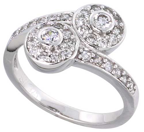 Sterling Silver Vintage Style Cubic Zirconia Double Halo Engagement Ring 1/2 inch wide, sizes 6-9