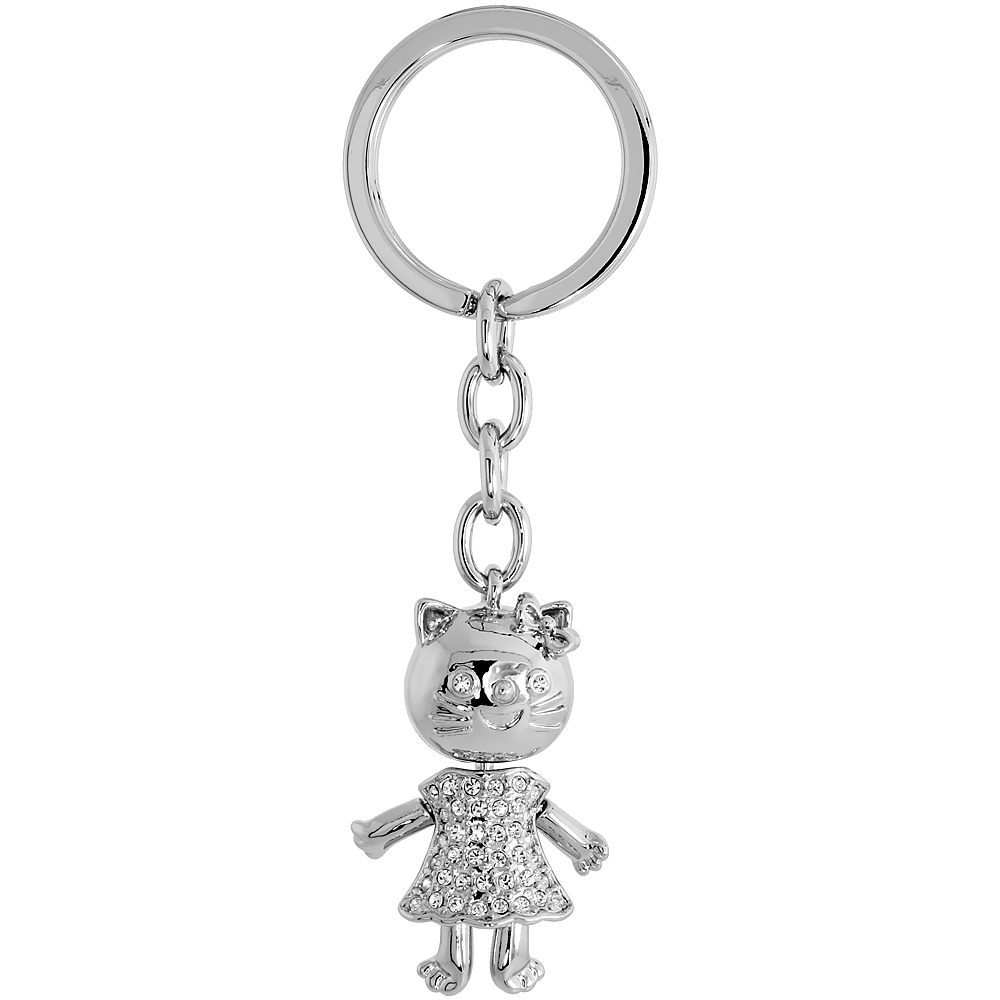 Sabrina Silver Movable Kitty Cat Key Chain Crystal Key Ring for Women Swarovski Elements 3 3/4 inches long
