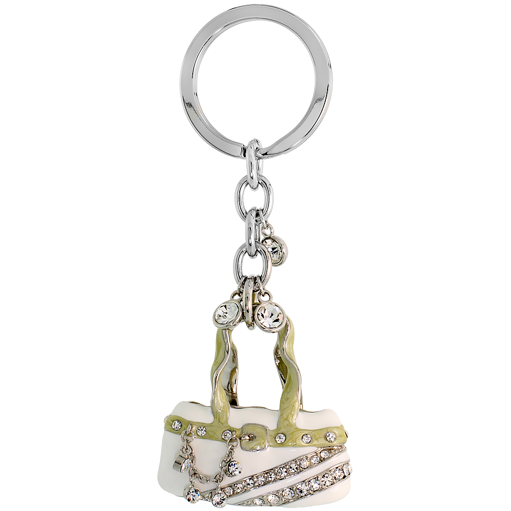 Sabrina Silver White Purse Hand Bag Key Chain Crystal Key Ring for Women Swarovski Elements 4 inches long