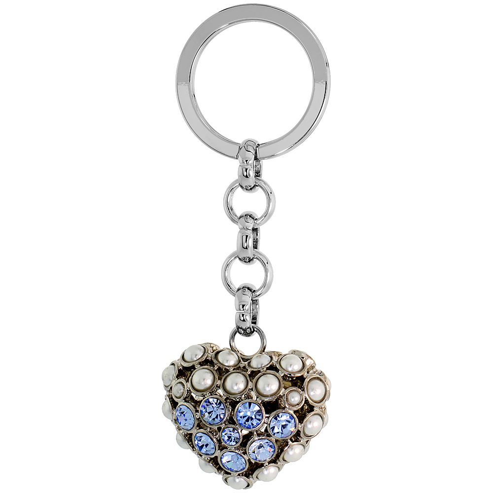 Puffed Heart Key Chain, Key Ring, Key Holder, Key Tag , Key Fob, w/ Beads & Brilliant Cut Blue Topaz-color Swarovski Crystals, 3