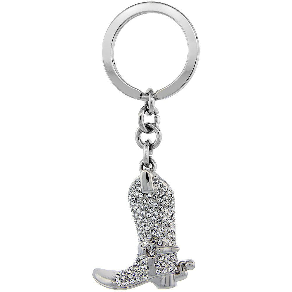 Sabrina Silver Cowboy Boot Key Chain Crystal Key Ring for Women Swarovski Elements Beads 3 1/2 inches long