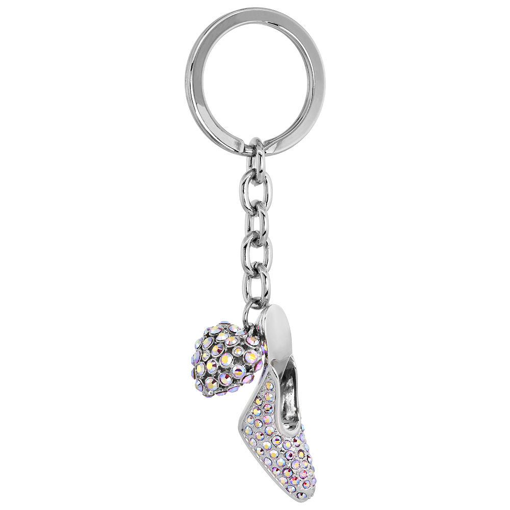 Sabrina Silver High Heel Shoe Heart Key Chain Crystal Key Ring for Women Swarovski Elements 4 3/8 inches long
