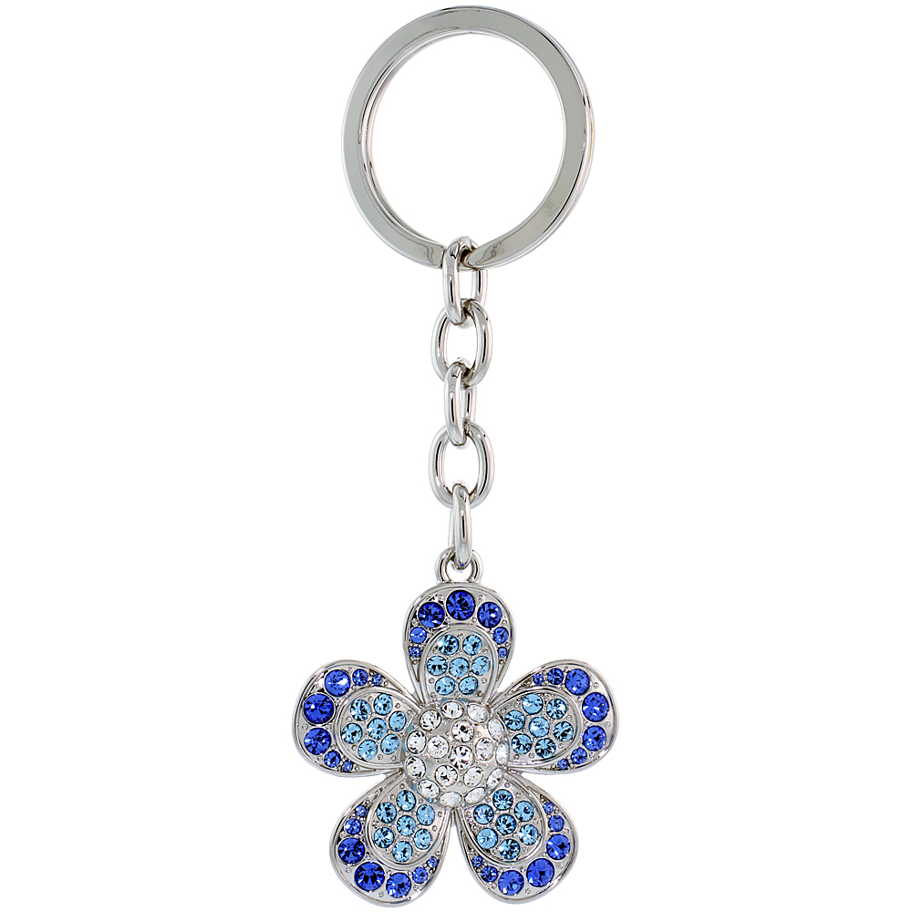 Large Flower Key Chain, Key Ring, Key Holder, Key Tag , Key Fob, w/ Clear, Blue Topaz-color & Blue Sapphire-color Swarovski Crys
