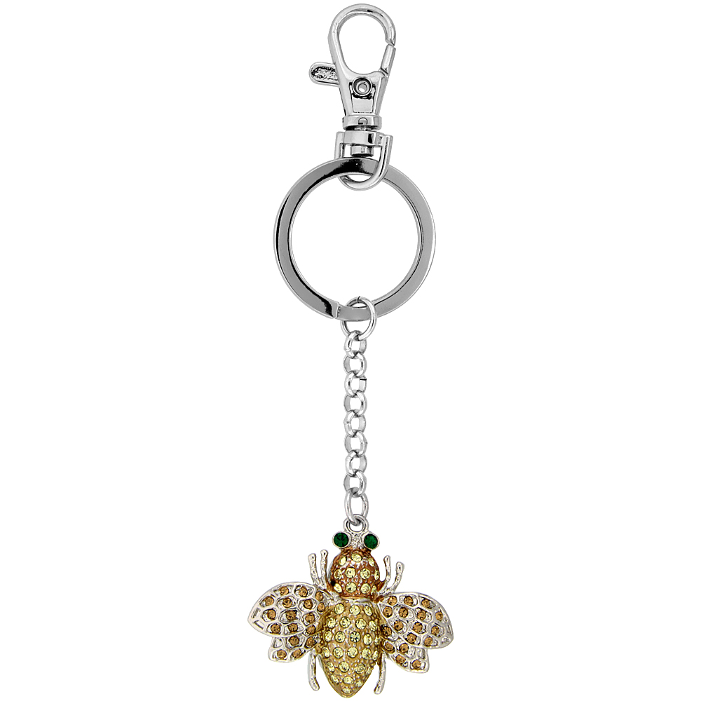 Sabrina Silver Bee Key Chain Crystal Key Ring for Women Swarovski Elements Emerald Color Yellow Topaz Color 4 inches long