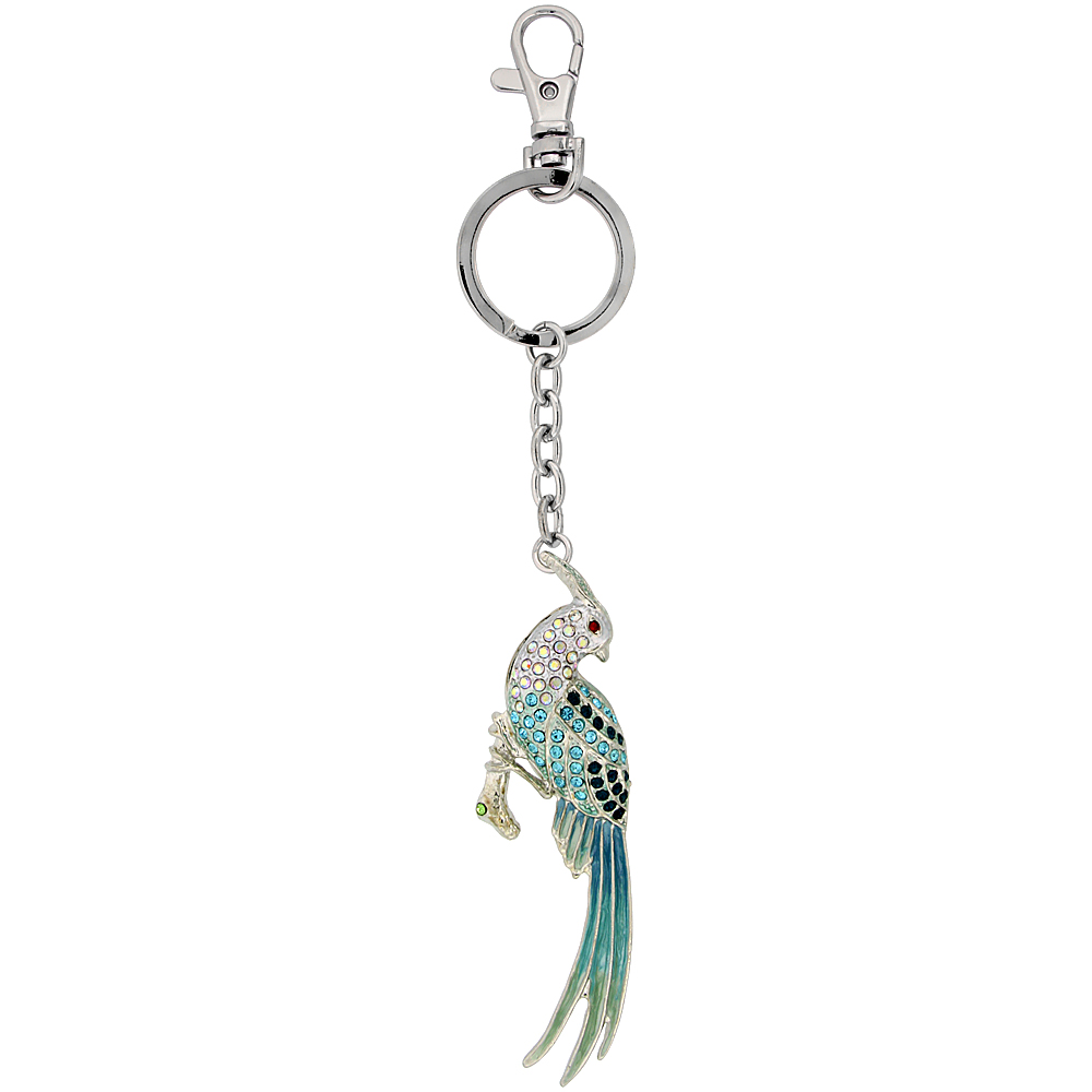Sabrina Silver Multi Color Bird Pheasant Key Chain Crystal Key Ring for Women Swarovski Elements Clear Ruby Peridot Blue Topaz Color 6 inches long