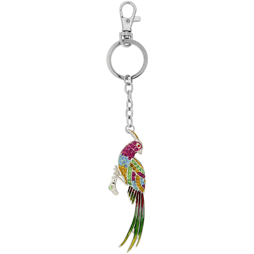 Sabrina Silver Multi Color Bird Pheasant Key Chain Crystal Key Ring for Women Swarovski Elements Citrine Pink Sapphire Peridot Blue Topaz Colors 6 inches long